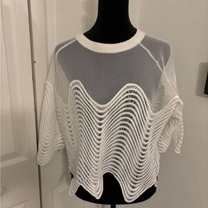 Gracia Sheer/Mesh Side Zippers Scalloped Elbow Sleeve/Hem White Top Size XL